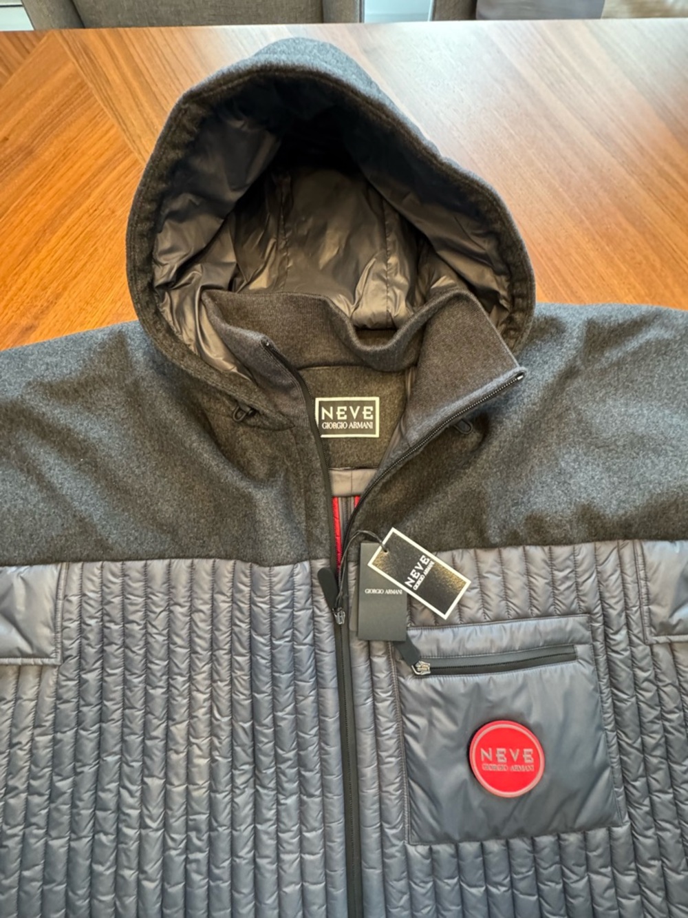 Giorgio Armani Men’s Gray Quilted Hooded Puffer Jacket/ pancho
